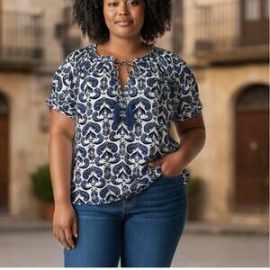 Rose+Olive Peasant Top Womens 1X Blue Black Tassels Boho Tiered Sleeves Blouse